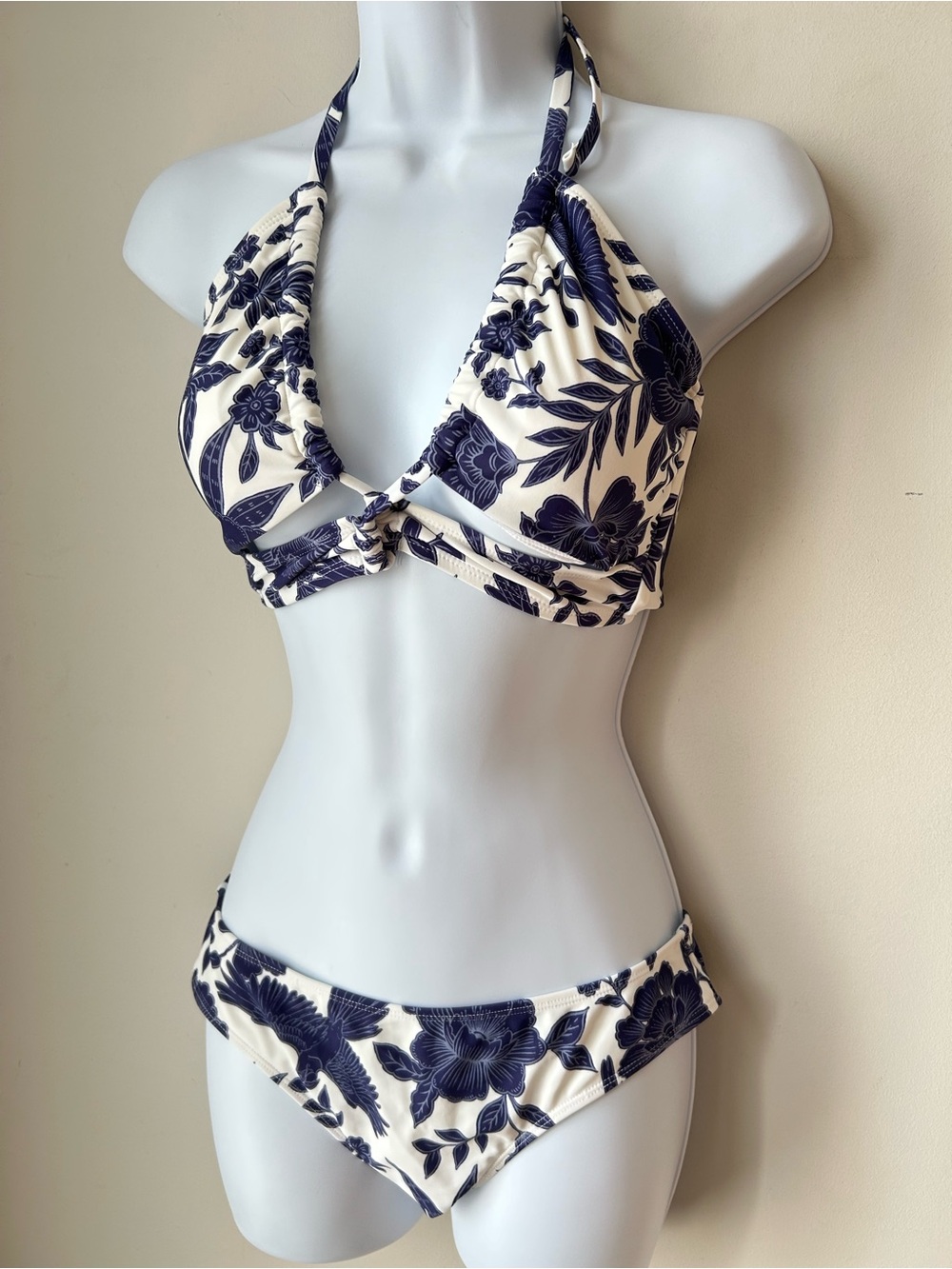Navy Ivory Floral Twist Front Halter Bikini Set Retro Coastal - Size XS/S